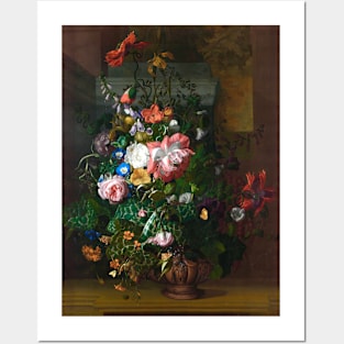 Roses, Convolvulus, Poppies, and Other Flowers in an Urn on a Stone Ledge by Rachel Ruysch (digitally enhanced) Posters and Art